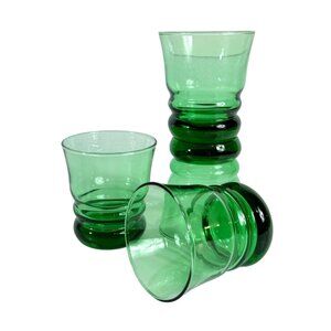 Anchor Hocking Green Glass Tumblers Stacked Base VTG Set Of 4 Low Ball Glassware